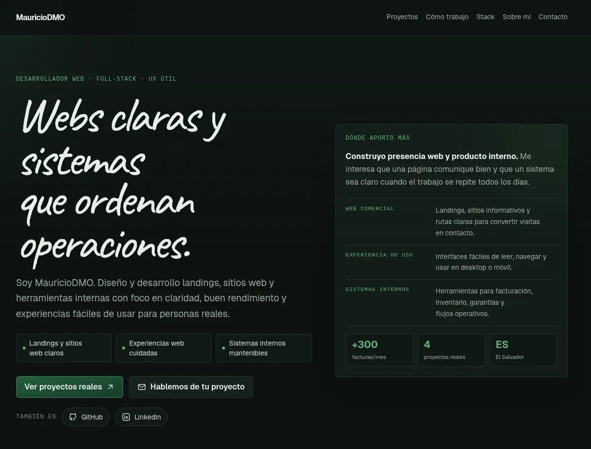 Página de inicio de mauriciodmo.com con la presentación profesional de Mauricio Martínez