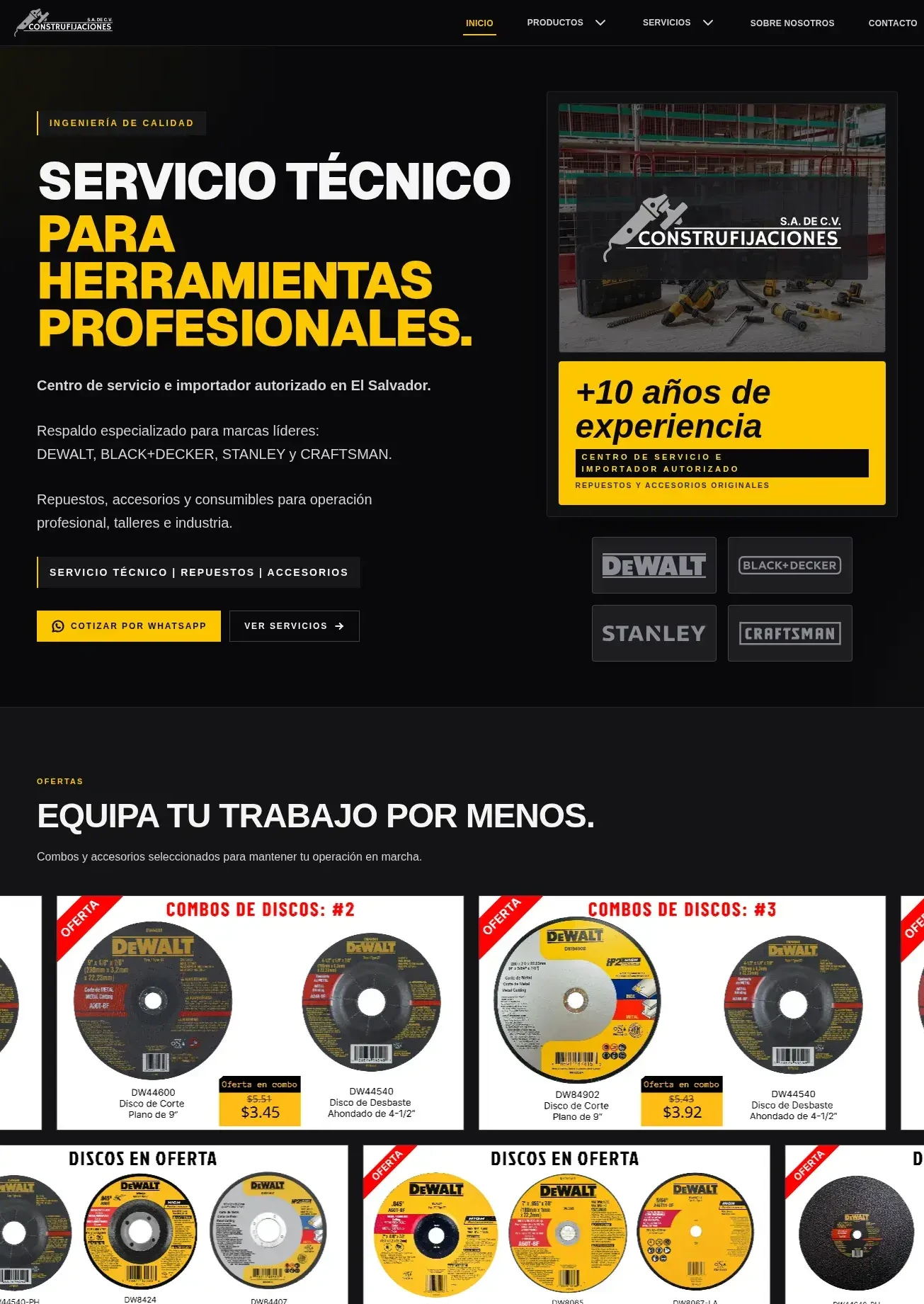 Página principal de Construfijaciones con herramientas profesionales y accesorios