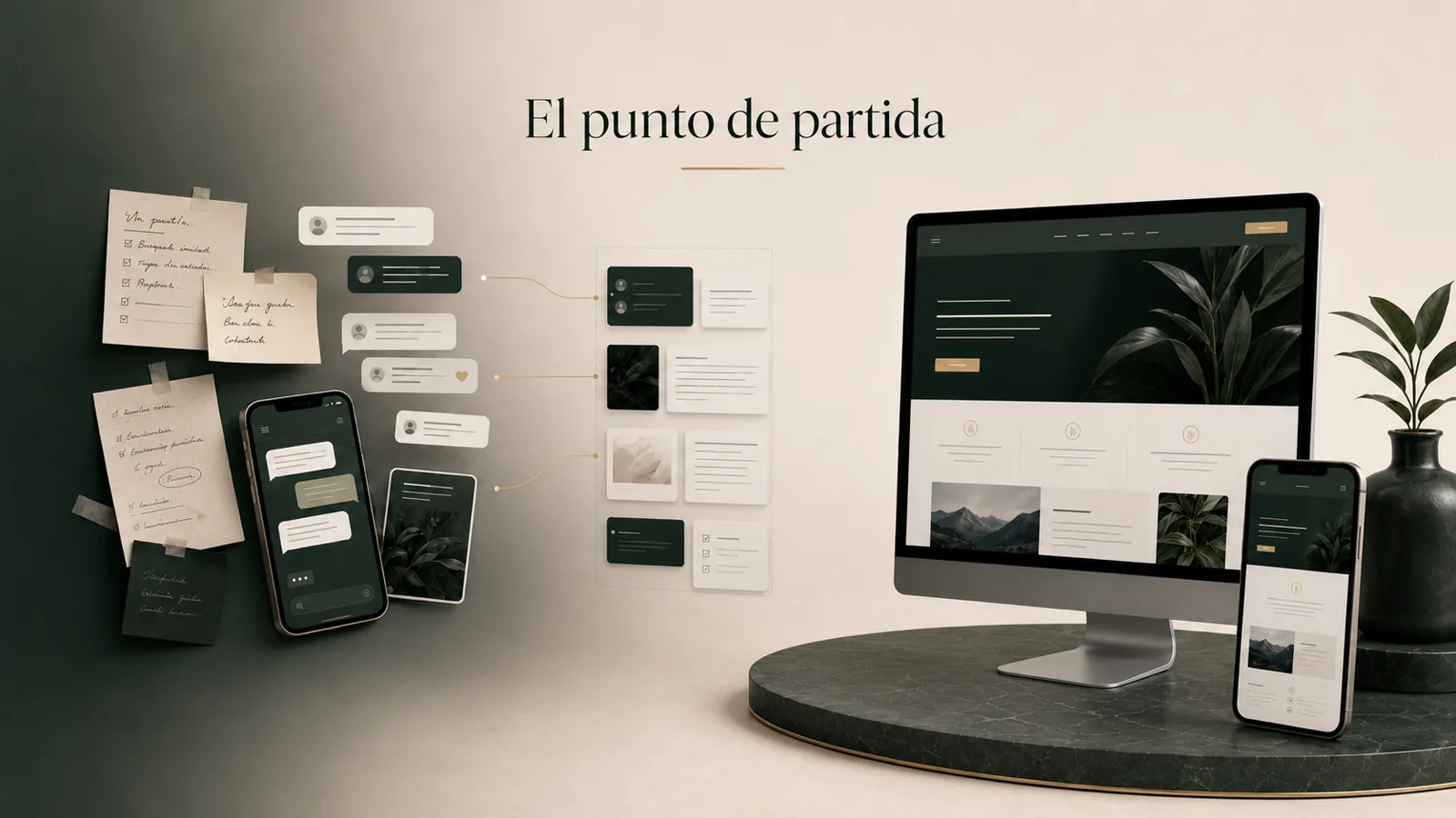 Materiales de contenido y estructura web organizados sobre una mesa de trabajo.