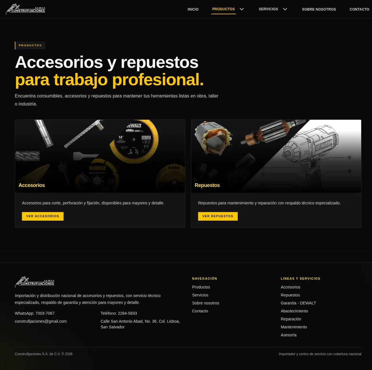Página de productos de Construfijaciones con sus categorías de accesorios y repuestos