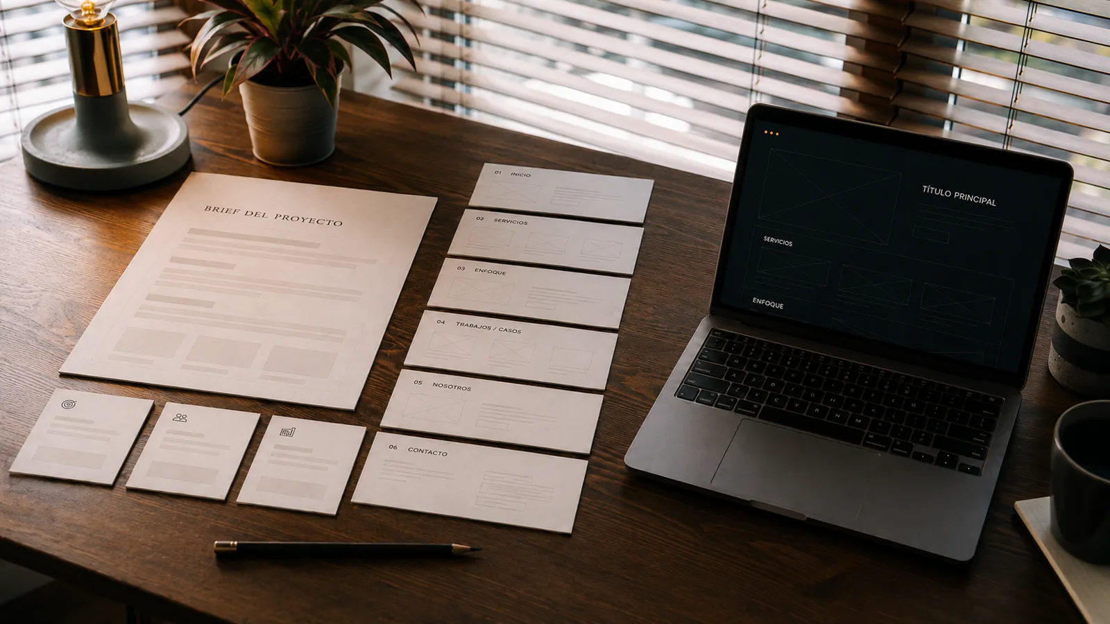 Brief de proyecto, wireframes y laptop usados para planificar una web antes del desarrollo.