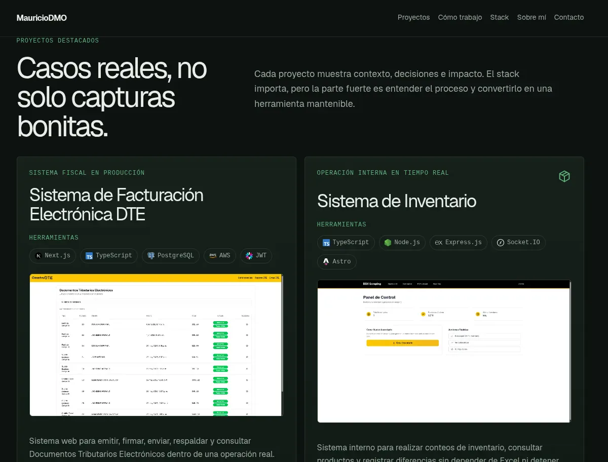 Sección de proyectos destacados de mauriciodmo.com con casos reales de desarrollo