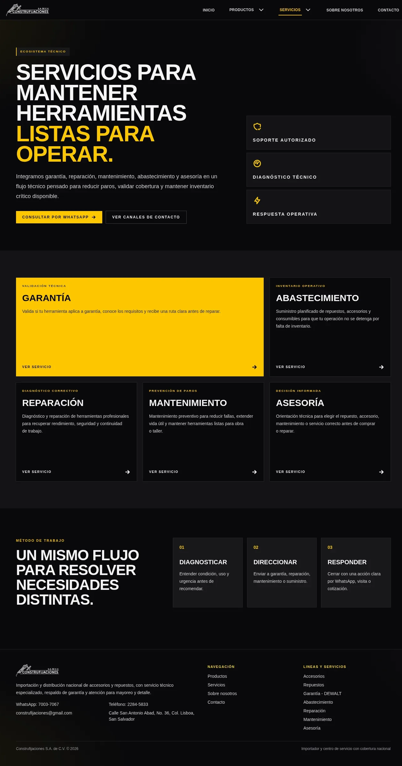 Página de servicios técnicos de Construfijaciones